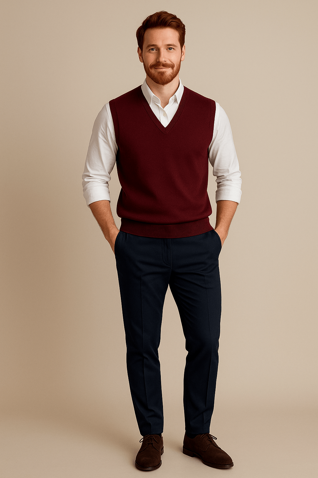 Men's Sleeveless V-Neck Fine Knit Sweater with Ribbed Trim for Casual Wear Wine Red