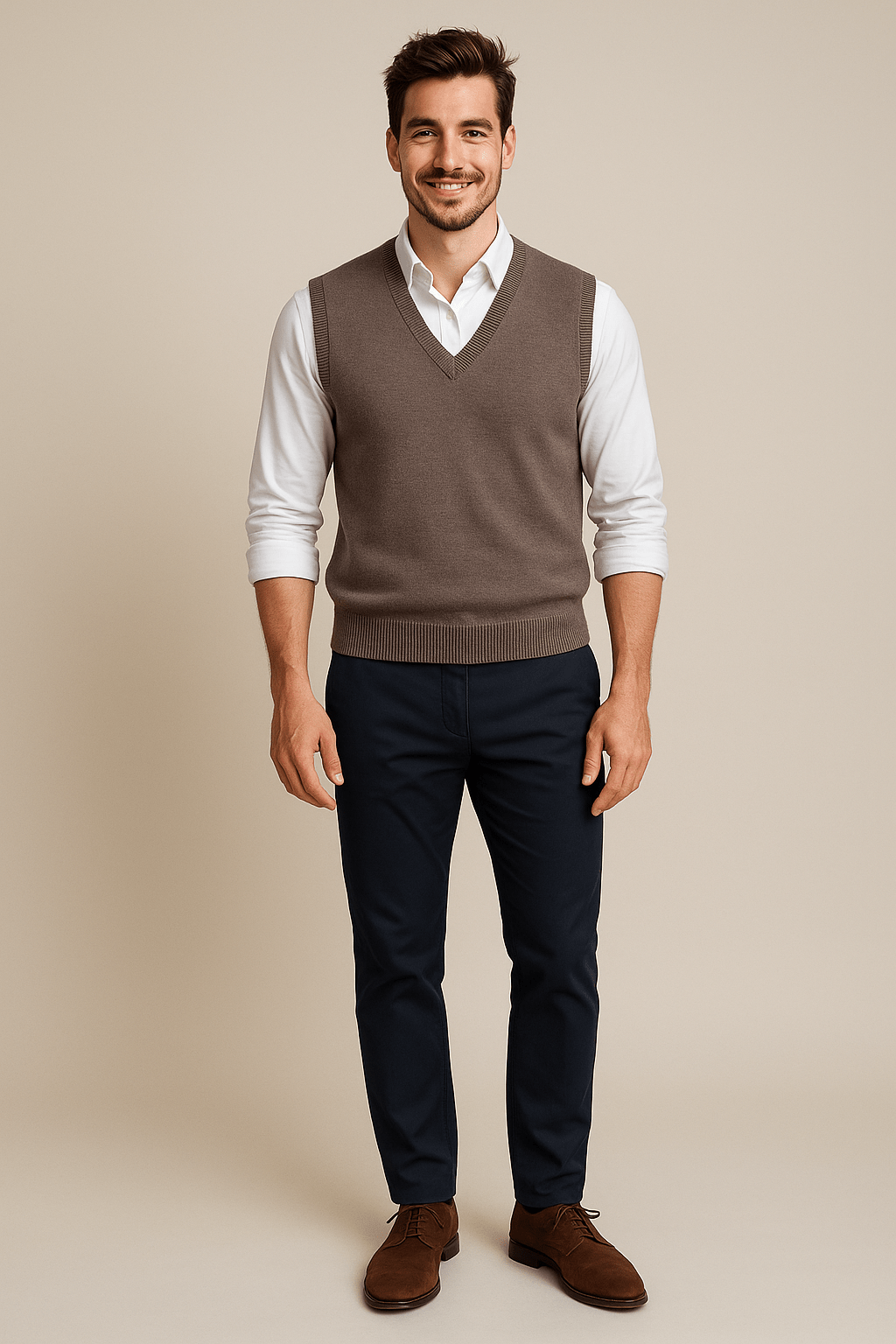 Men's Sleeveless V-Neck Fine Knit Sweater with Ribbed Trim for Casual Wear Brown