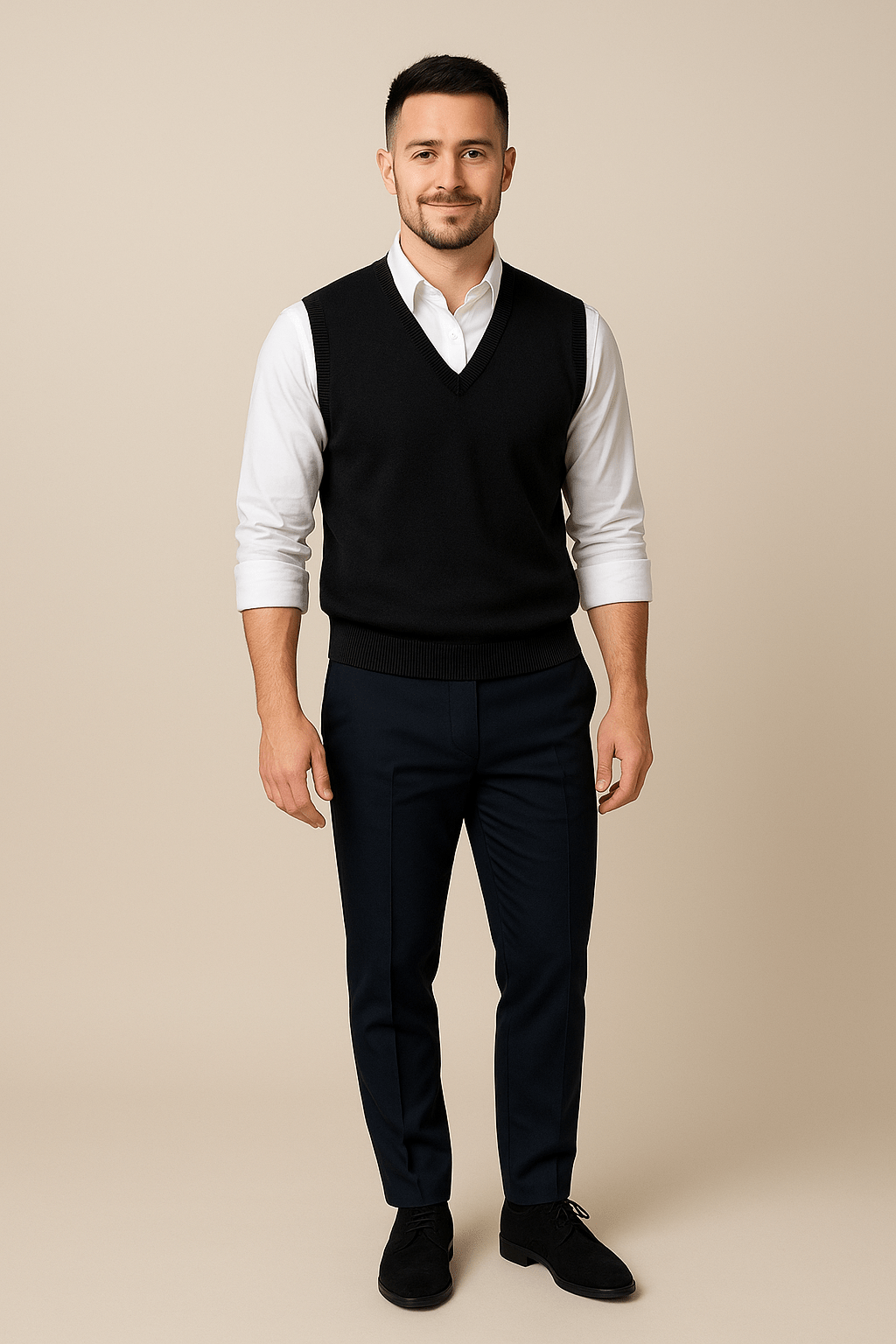 Men's Sleeveless V-Neck Fine Knit Sweater with Ribbed Trim for Casual Wear Black