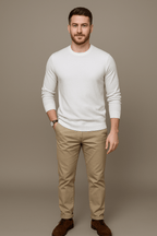 Men's Slim Fit Cotton Blend Crew Neck Sweater with Ribbed Trim White