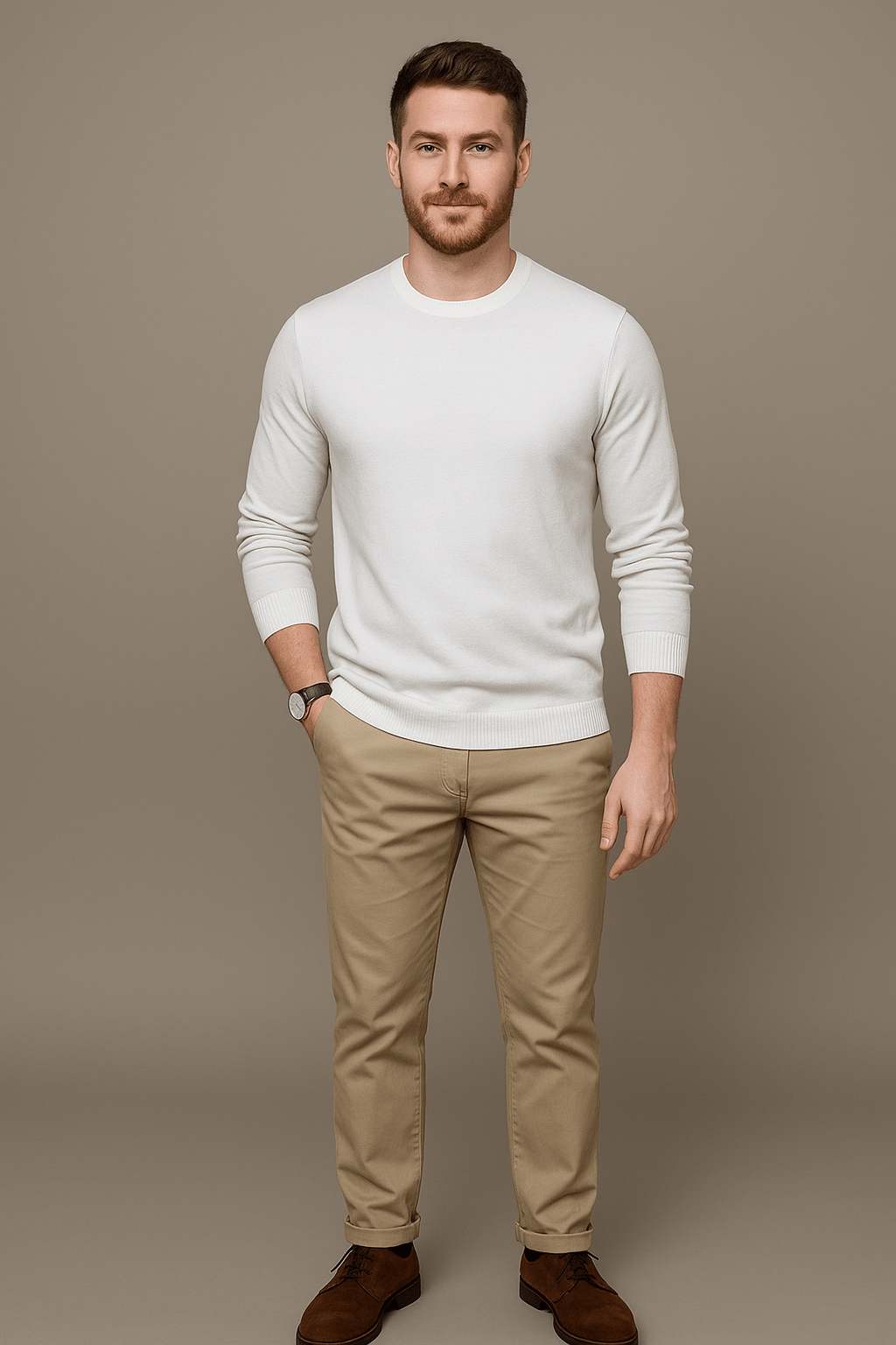 Men's Slim Fit Cotton Blend Crew Neck Sweater with Ribbed Trim White