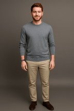 Men's Slim Fit Cotton Blend Crew Neck Sweater with Ribbed Trim Grey