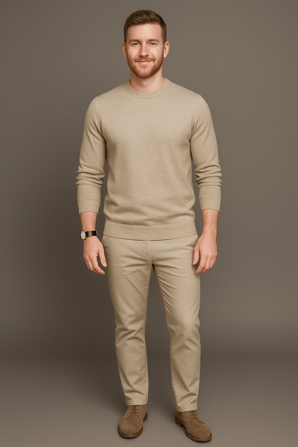 Men's Slim Fit Cotton Blend Crew Neck Sweater with Ribbed Trim Beige