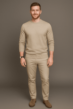 Men's Slim Fit Cotton Blend Crew Neck Sweater with Ribbed Trim Beige