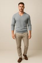 Men's Slim Fit V-Neck Sweater in Knitted Cotton Blend for Casual Wear Grey