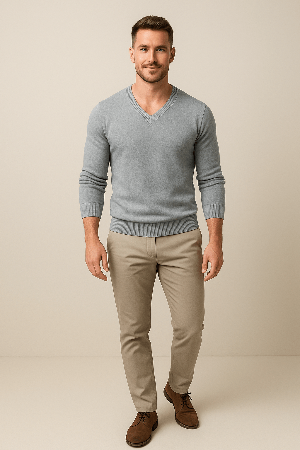 Men's Slim Fit V-Neck Sweater in Knitted Cotton Blend for Casual Wear Grey