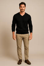 Men's Slim Fit V-Neck Sweater in Knitted Cotton Blend for Casual Wear Black