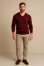 Men's Slim Fit V-Neck Sweater in Knitted Cotton Blend for Casual Wear Burgundy