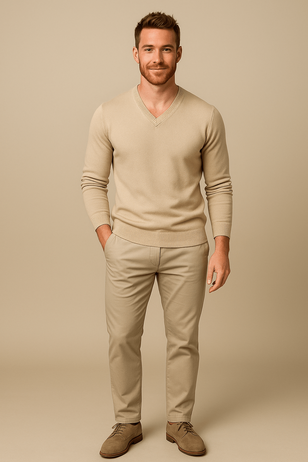 Men's Slim Fit V-Neck Sweater in Knitted Cotton Blend for Casual Wear Beige