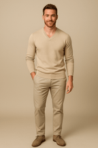 Men's Slim Fit V-Neck Sweater in Knitted Cotton Blend for Casual Wear Beige