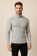 Men's Slim Fit Wool Turtleneck Sweater with Cable Knit Design for Casual or Formal Wear Light Grey