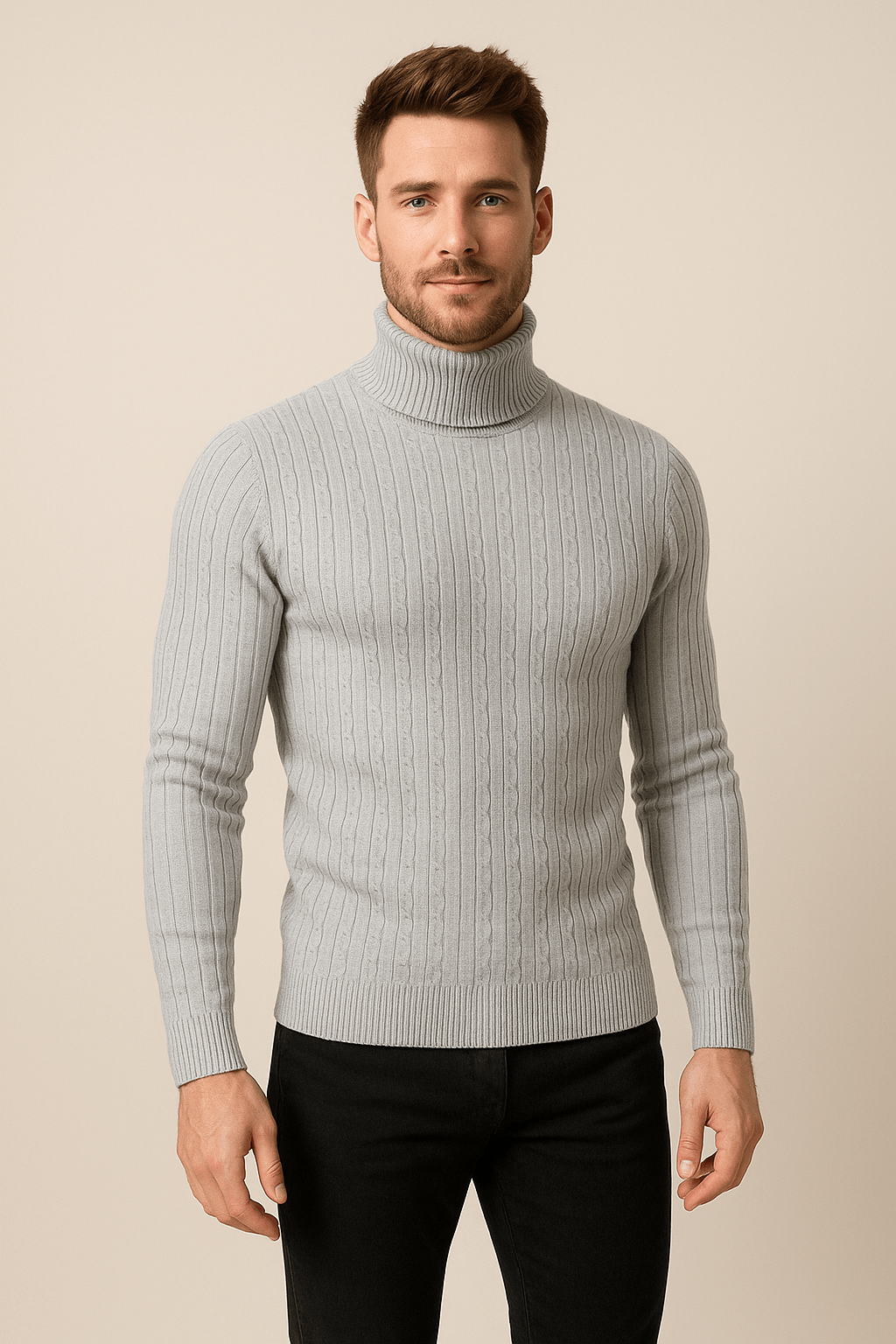 Men's Slim Fit Wool Turtleneck Sweater with Cable Knit Design for Casual or Formal Wear Light Grey
