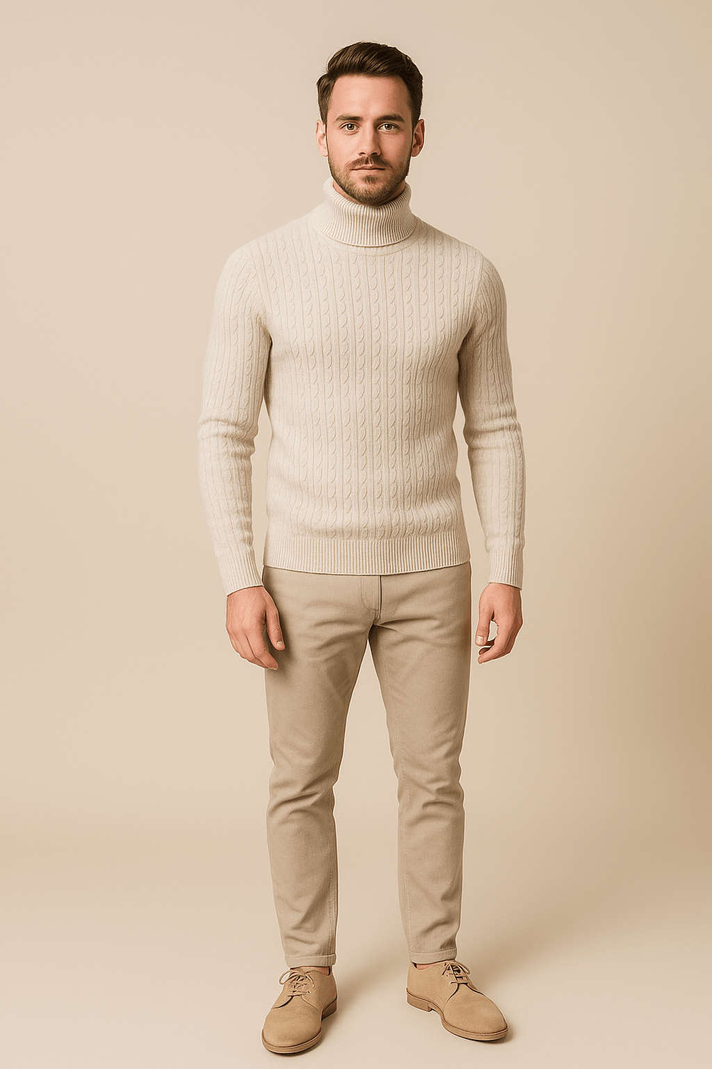 Men's Slim Fit Wool Turtleneck Sweater with Cable Knit Design for Casual or Formal Wear Beige