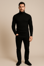 Men's Slim Fit Wool Turtleneck Sweater with Cable Knit Design for Casual or Formal Wear Black