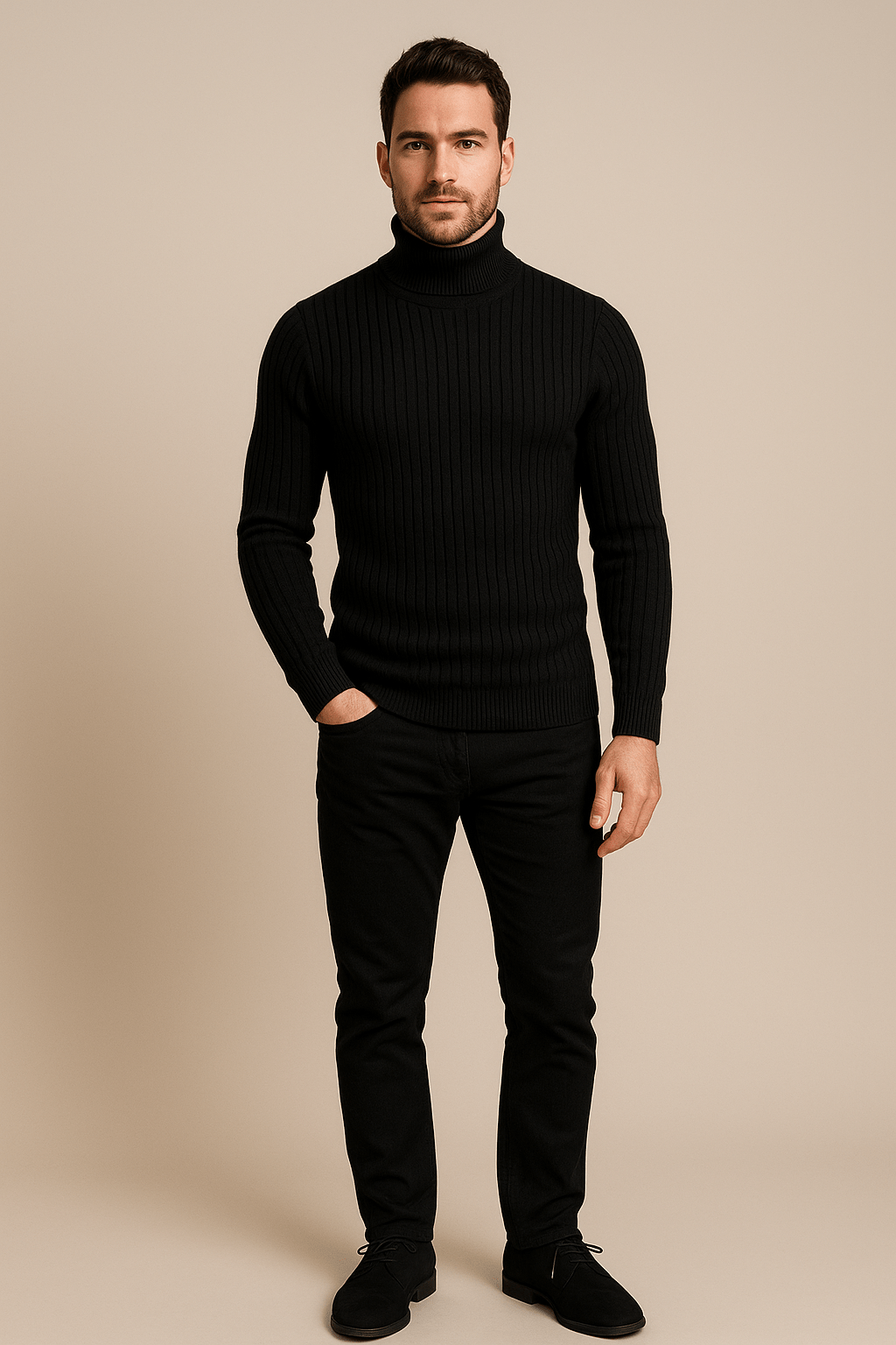 Men's Slim Fit Wool Turtleneck Sweater with Cable Knit Design for Casual or Formal Wear Black
