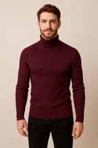 Men's Slim Fit Wool Turtleneck Sweater with Cable Knit Design for Casual or Formal Wear Wine Red