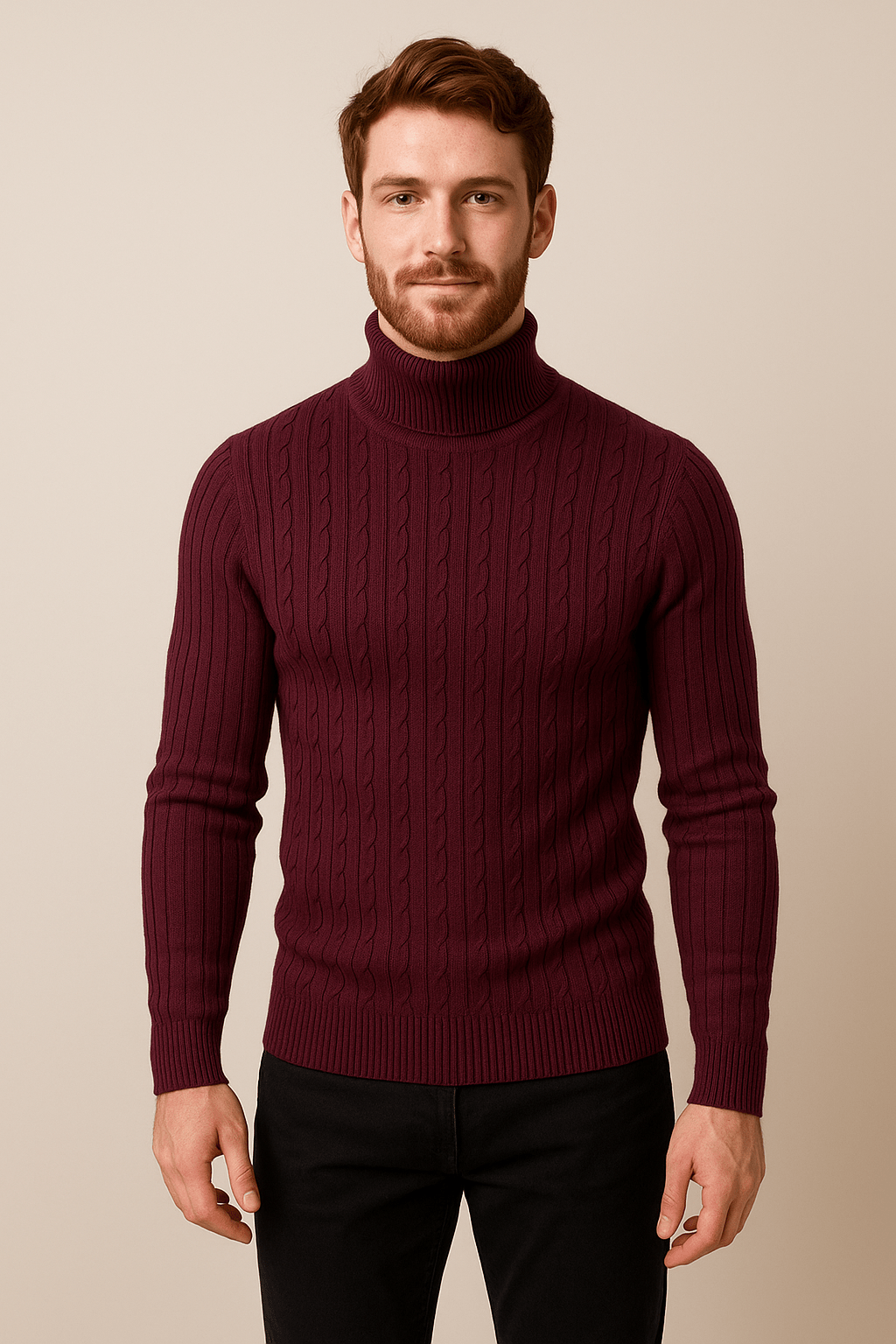 Men's Slim Fit Wool Turtleneck Sweater with Cable Knit Design for Casual or Formal Wear Wine Red