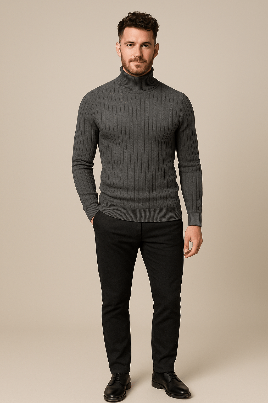 Men's Slim Fit Wool Turtleneck Sweater with Cable Knit Design for Casual or Formal Wear Dark Grey