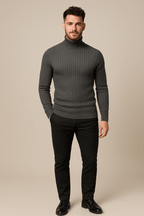 Men's Slim Fit Wool Turtleneck Sweater with Cable Knit Design for Casual or Formal Wear Dark Grey