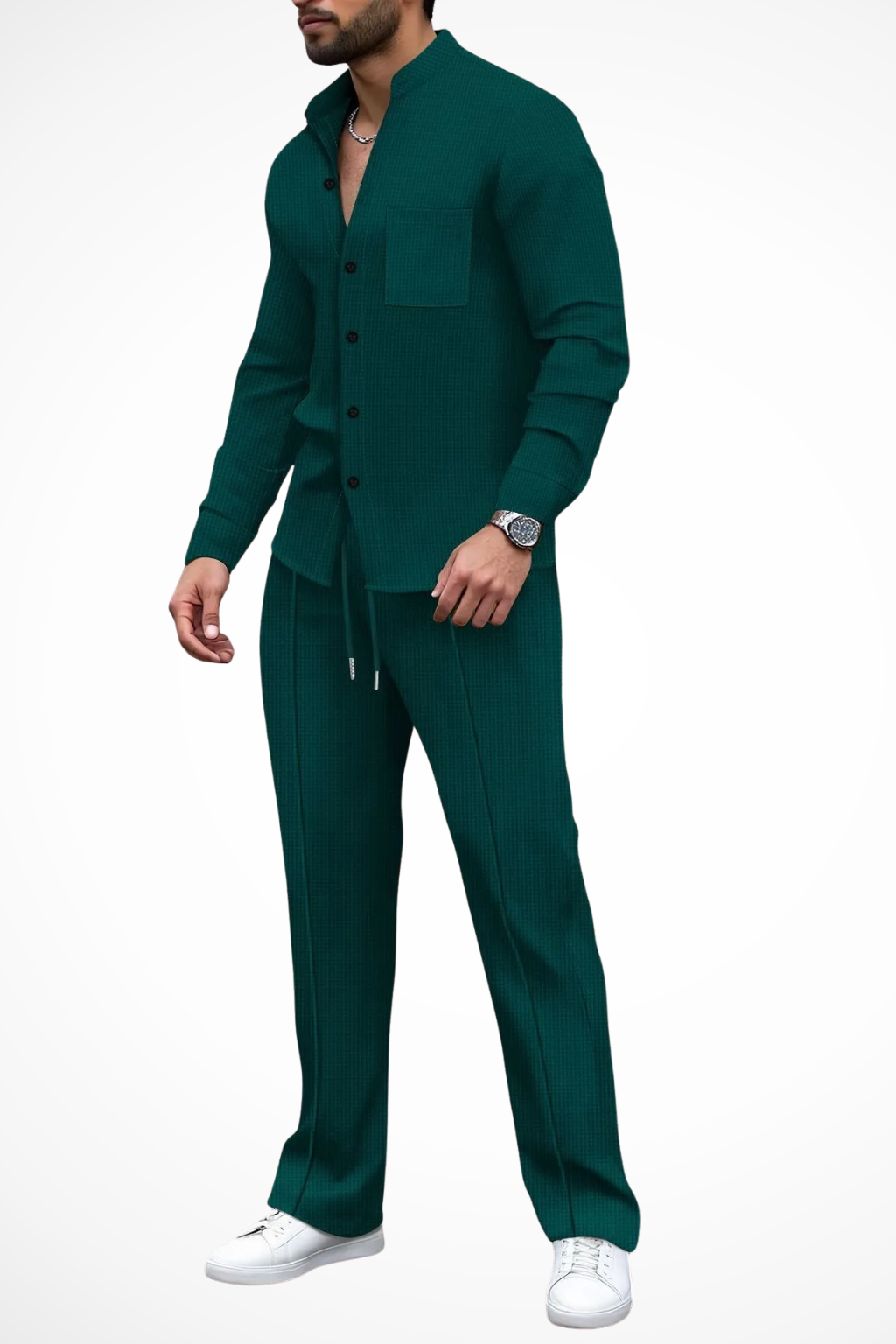 Men's Textured Button-Up Shirt and Trousers Set - Casual Wear, 2-Piece Outfit