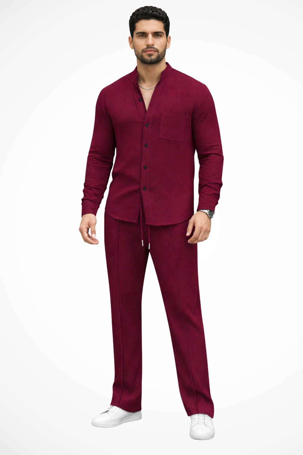 Men's Textured Button-Up Shirt and Trousers Set - Casual Wear, 2-Piece Outfit