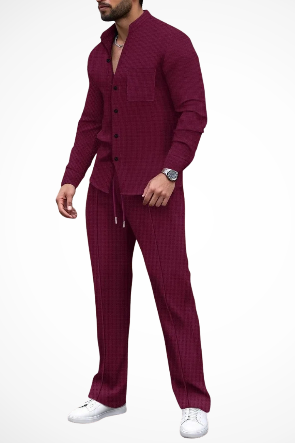 Men's Textured Button-Up Shirt and Trousers Set - Casual Wear, 2-Piece Outfit