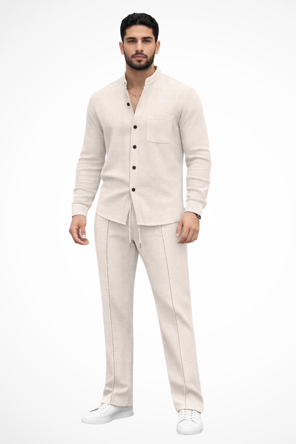 Men's Textured Button-Up Shirt and Trousers Set - Casual Wear, 2-Piece Outfit