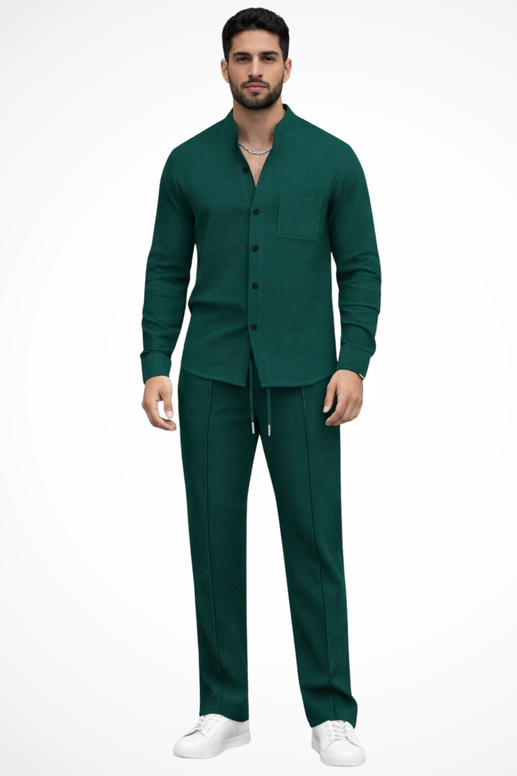 Men's Textured Button-Up Shirt and Trousers Set - Casual Wear, 2-Piece Outfit