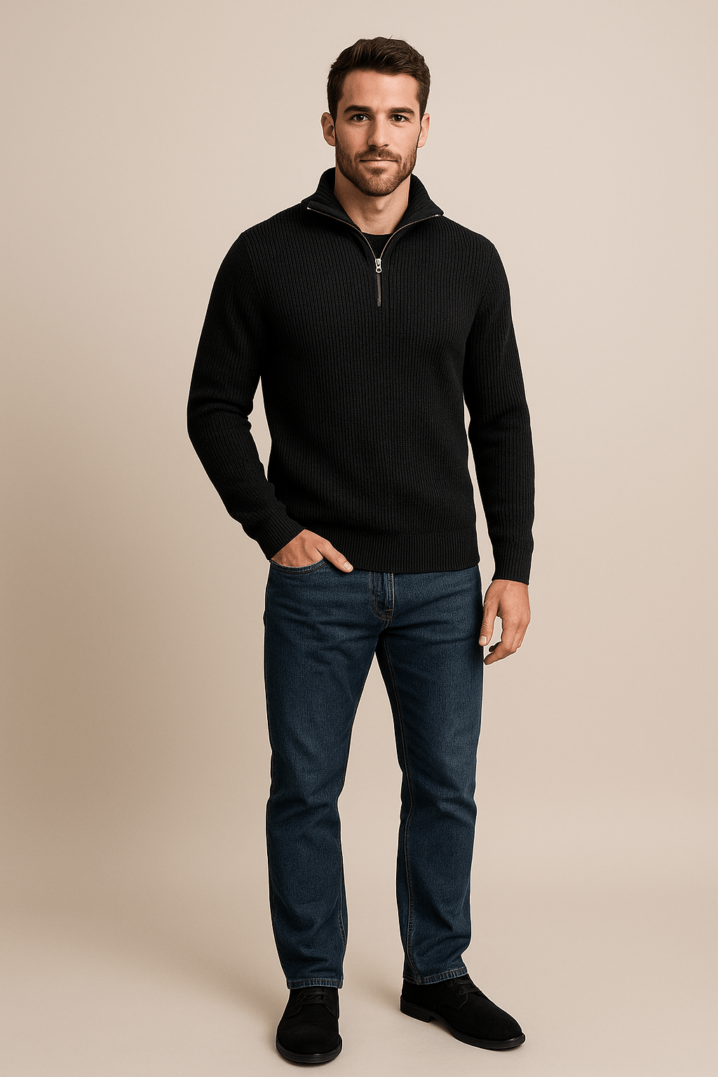 Men's Textured Knit Half-Zip Sweater with High Collar for Casual Wear Black