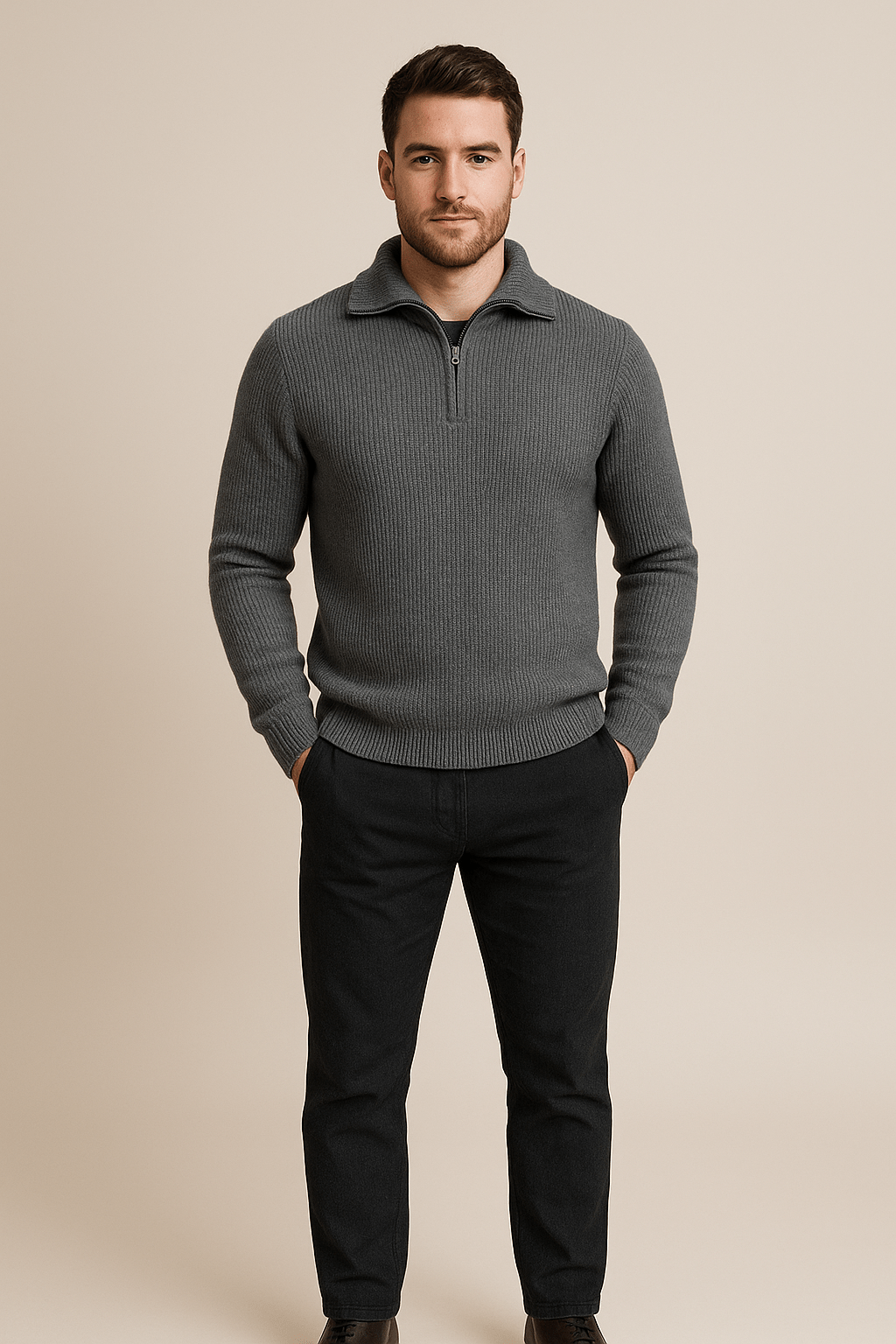 Men's Textured Knit Half-Zip Sweater with High Collar for Casual Wear Dark gray