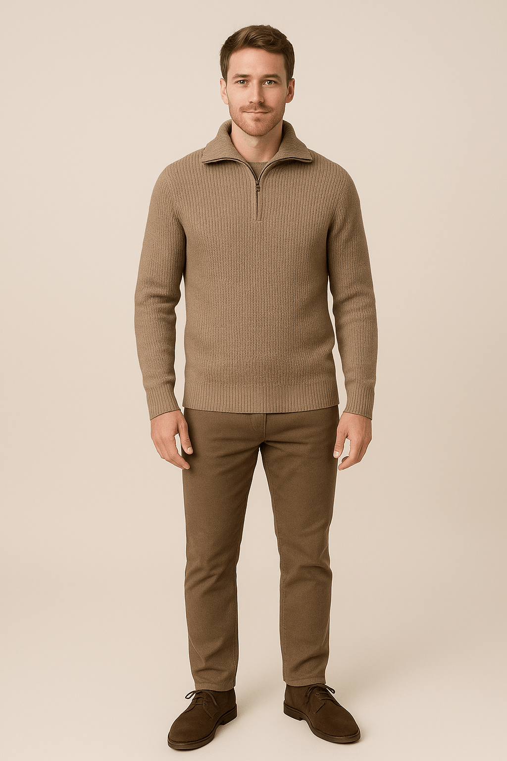 Men's Textured Knit Half-Zip Sweater with High Collar for Casual Wear Camel