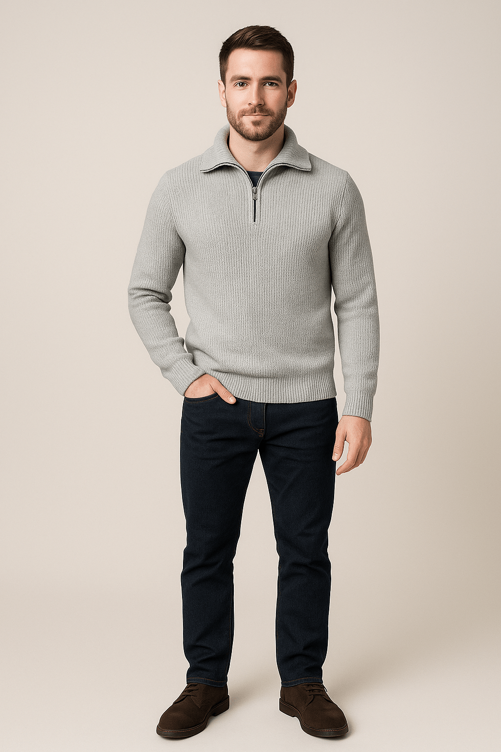 Men's Textured Knit Half-Zip Sweater with High Collar for Casual Wear Light gray