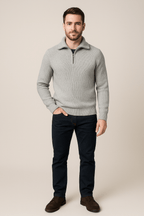 Men's Textured Knit Half-Zip Sweater with High Collar for Casual Wear Light gray