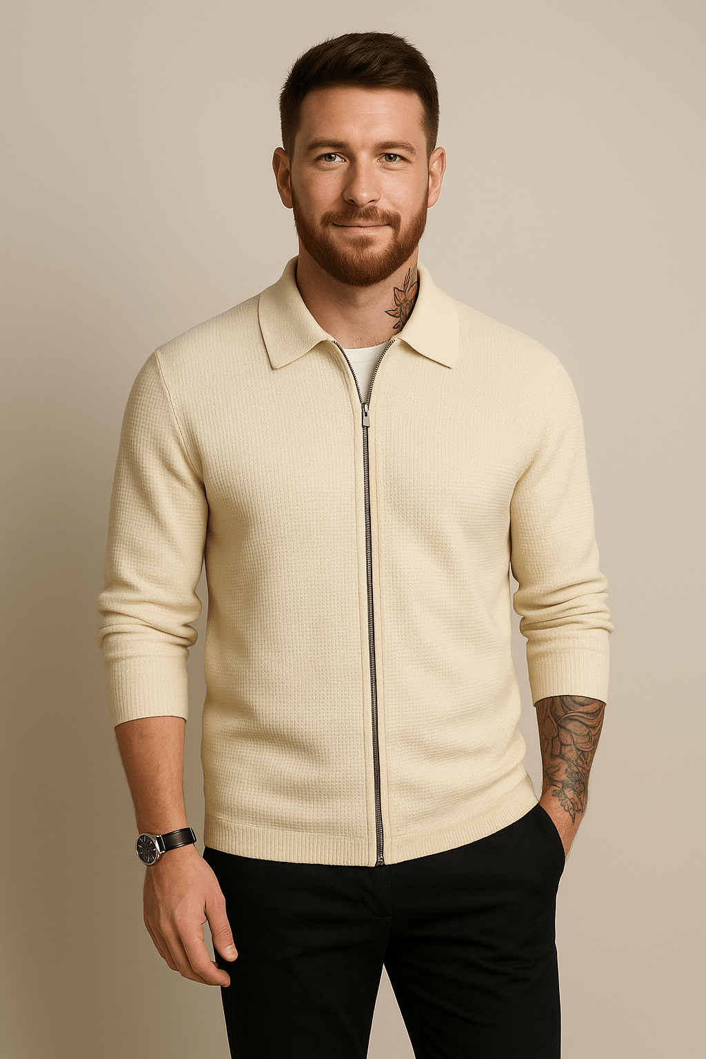 Men's Waffle Knit Zip-Up Sweater | Modern Fit | Casual Layering for Cool Weather Beige