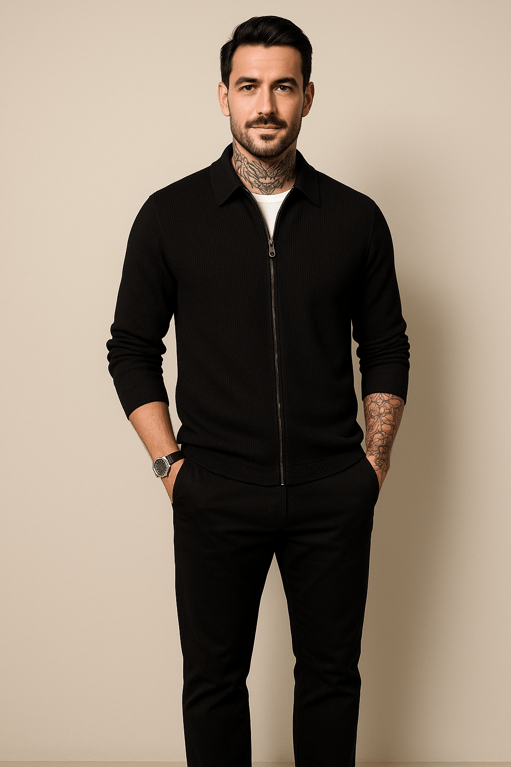 Men's Waffle Knit Zip-Up Sweater | Modern Fit | Casual Layering for Cool Weather Black