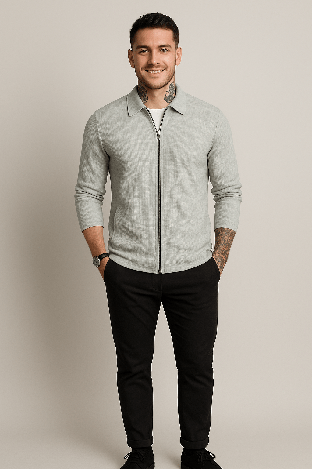 Men's Waffle Knit Zip-Up Sweater | Modern Fit | Casual Layering for Cool Weather Gray