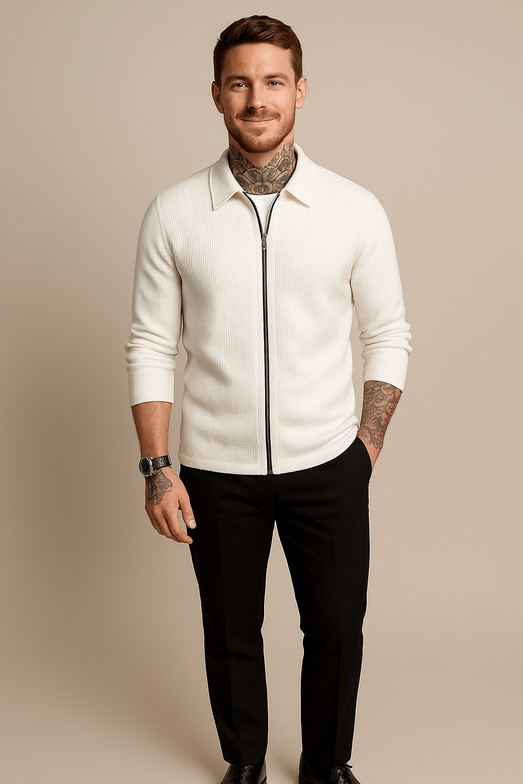 Men's Waffle Knit Zip-Up Sweater | Modern Fit | Casual Layering for Cool Weather White