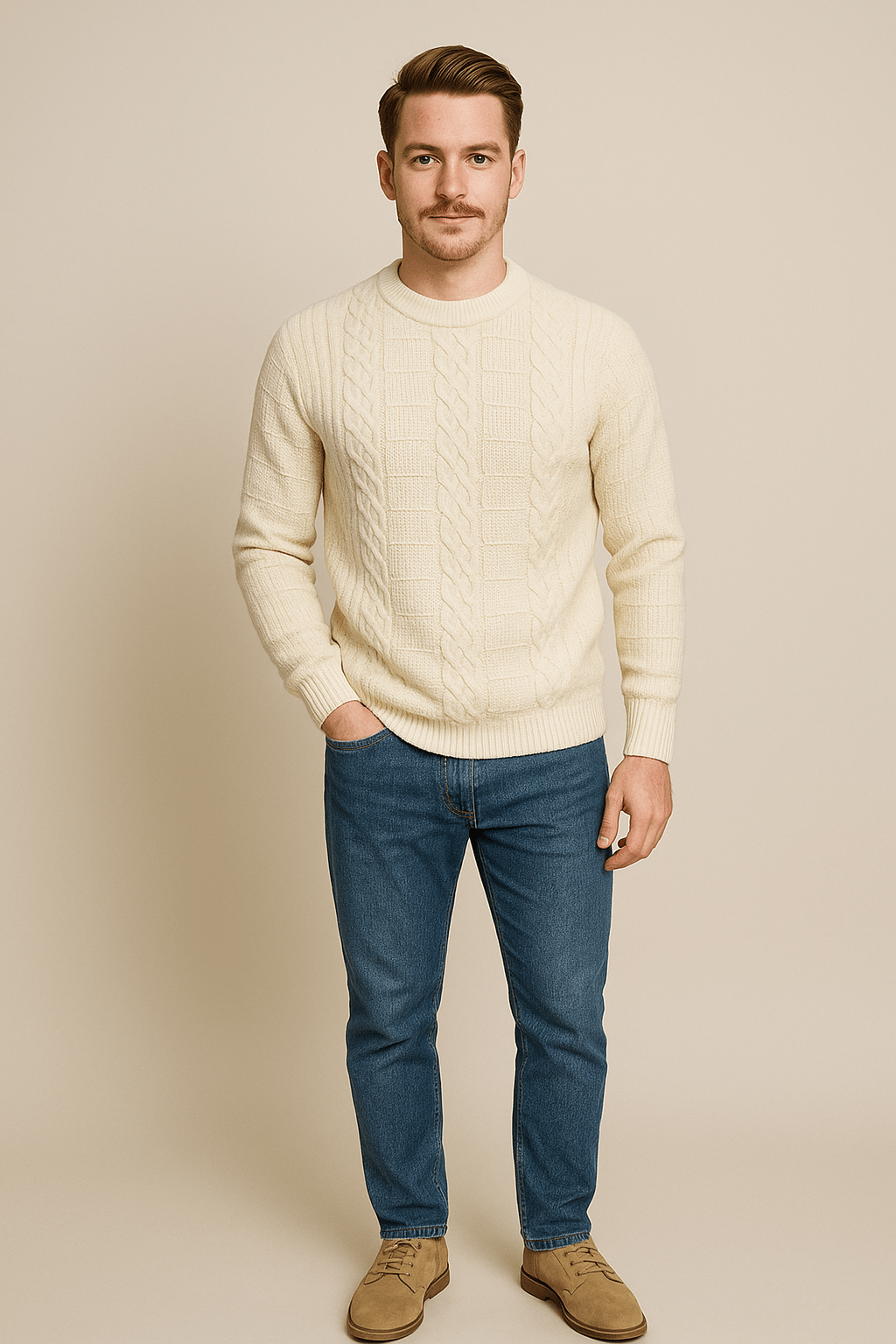 Men's Wool Blend Cable-Knit Crew Neck Sweater - Classic Style for Casual Wear White