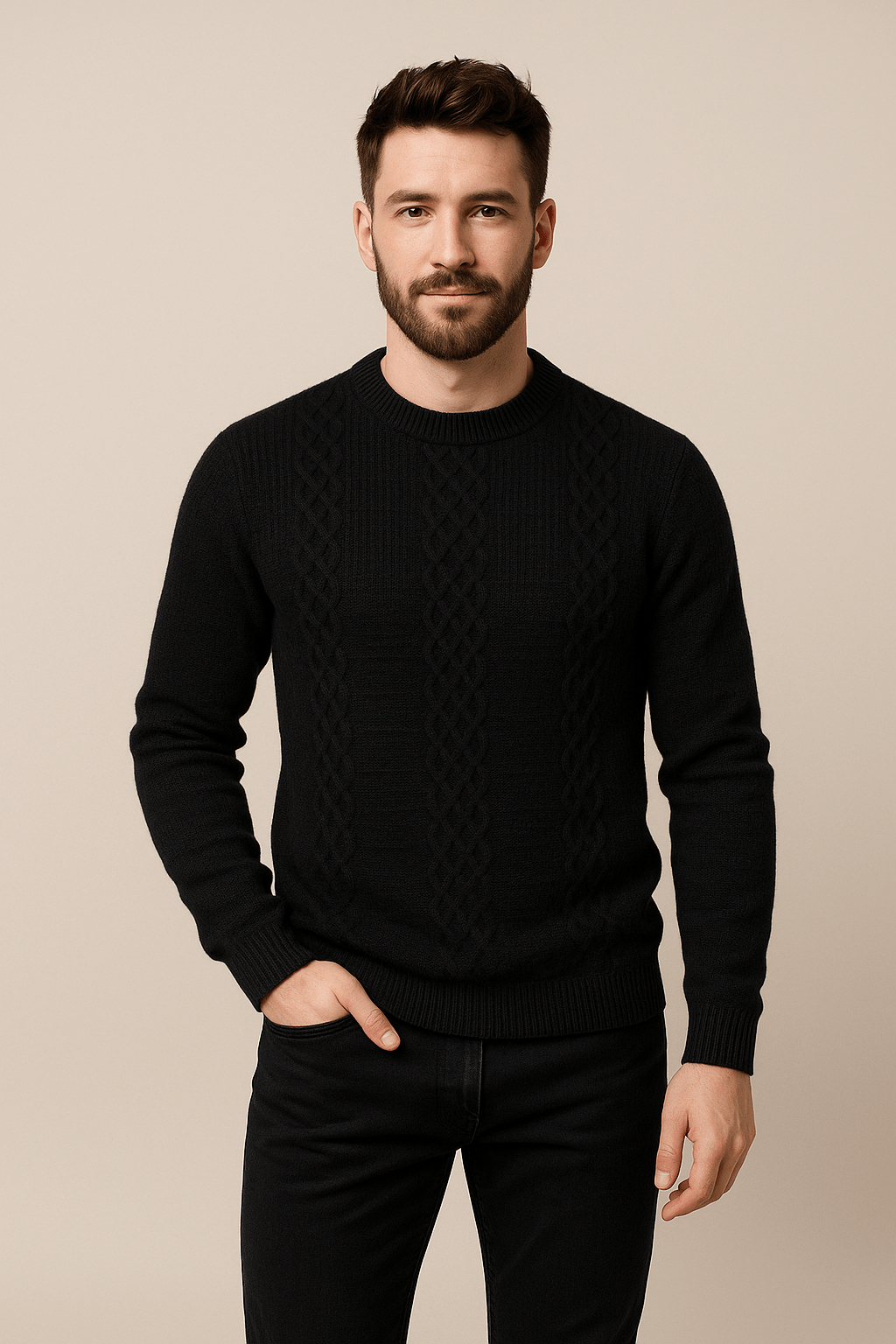 Men's Wool Blend Cable-Knit Crew Neck Sweater - Classic Style for Casual Wear Black