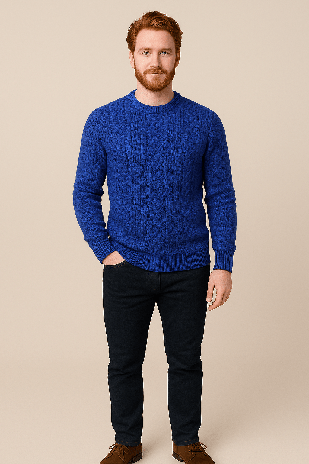 Men's Wool Blend Cable-Knit Crew Neck Sweater - Classic Style for Casual Wear Blue