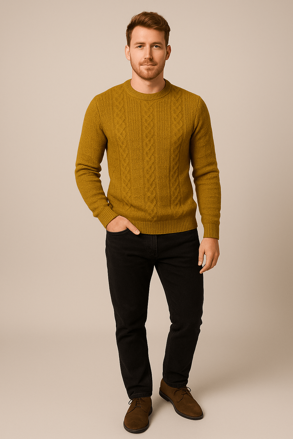 Men's Wool Blend Cable-Knit Crew Neck Sweater - Classic Style for Casual Wear Mustard