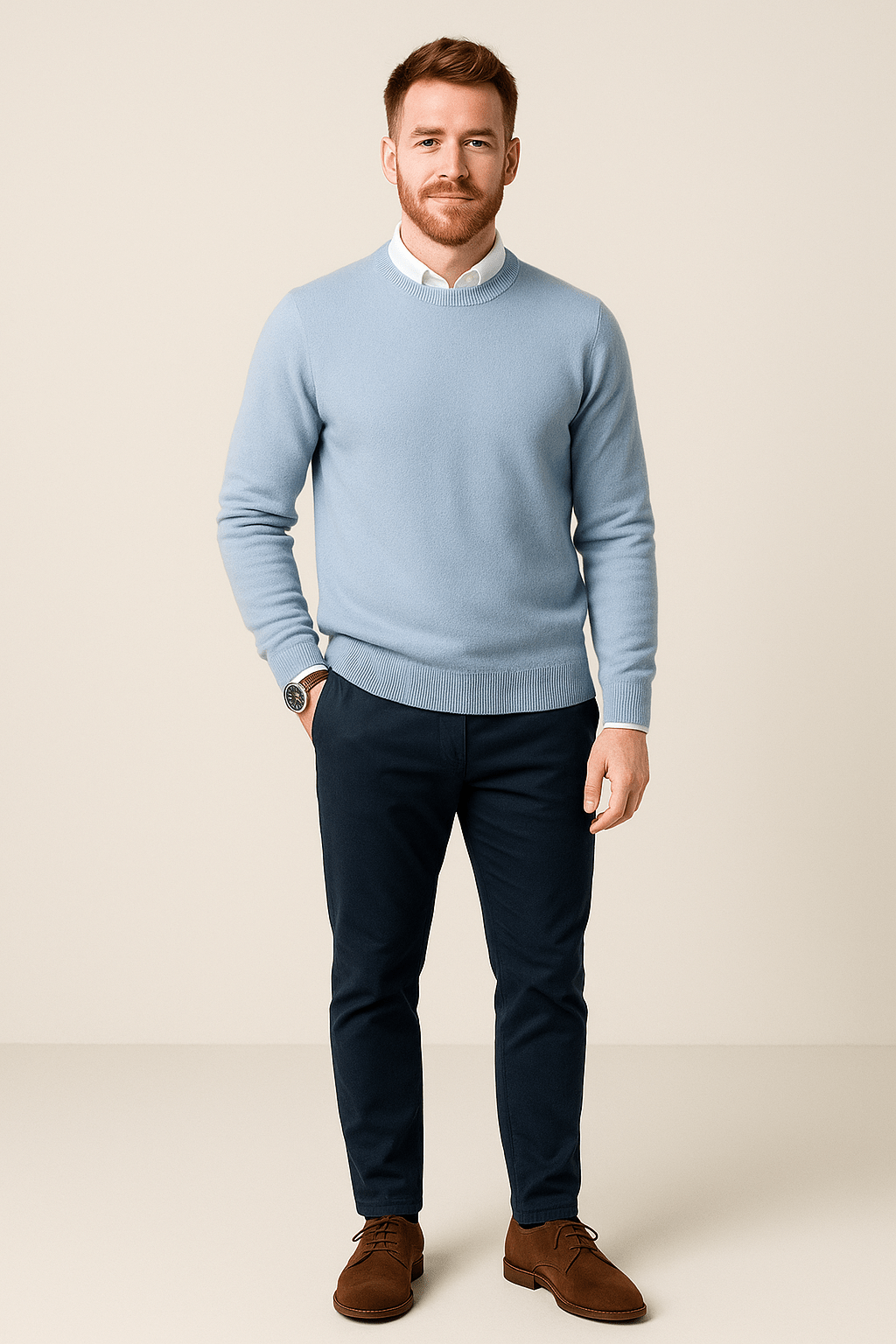 Men's Wool Blend Crew Neck Sweater with Ribbed Cuffs and Hem for Casual Wear Light Blue