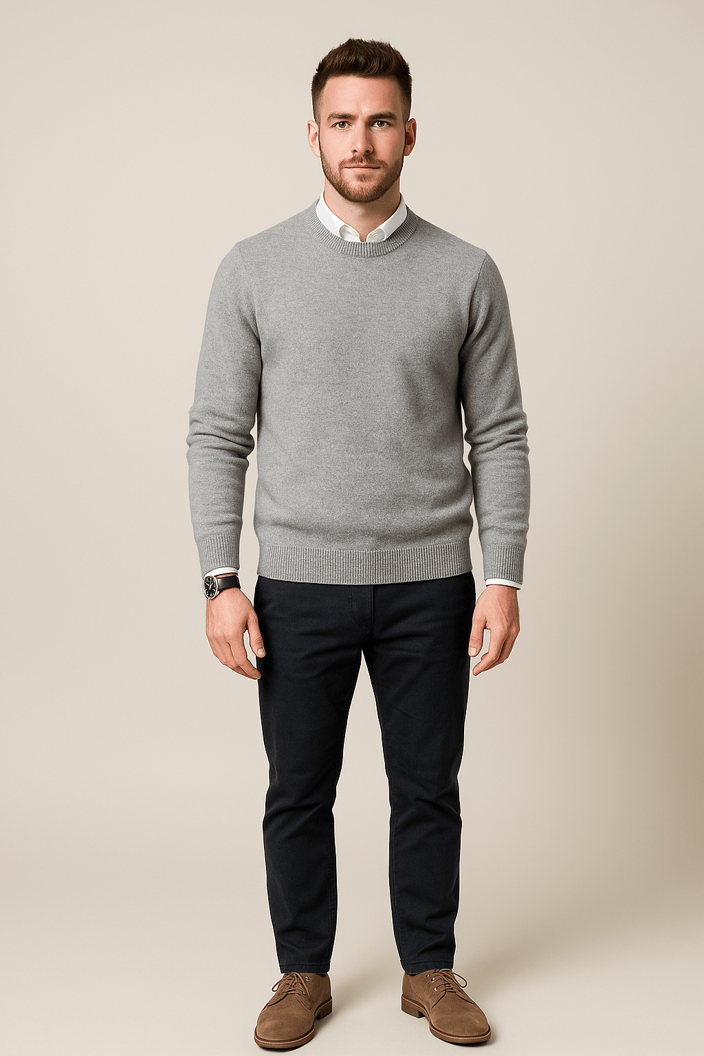 Men's Wool Blend Crew Neck Sweater with Ribbed Cuffs and Hem for Casual Wear Light Grey