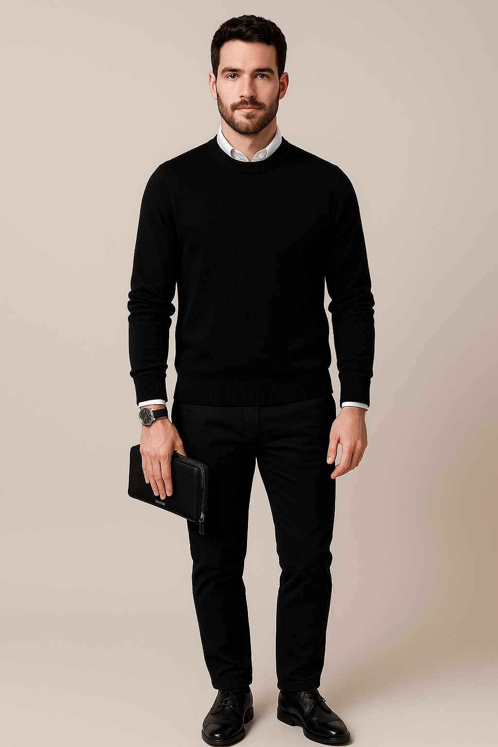 Men's Wool Blend Crew Neck Sweater with Ribbed Cuffs and Hem for Casual Wear Black