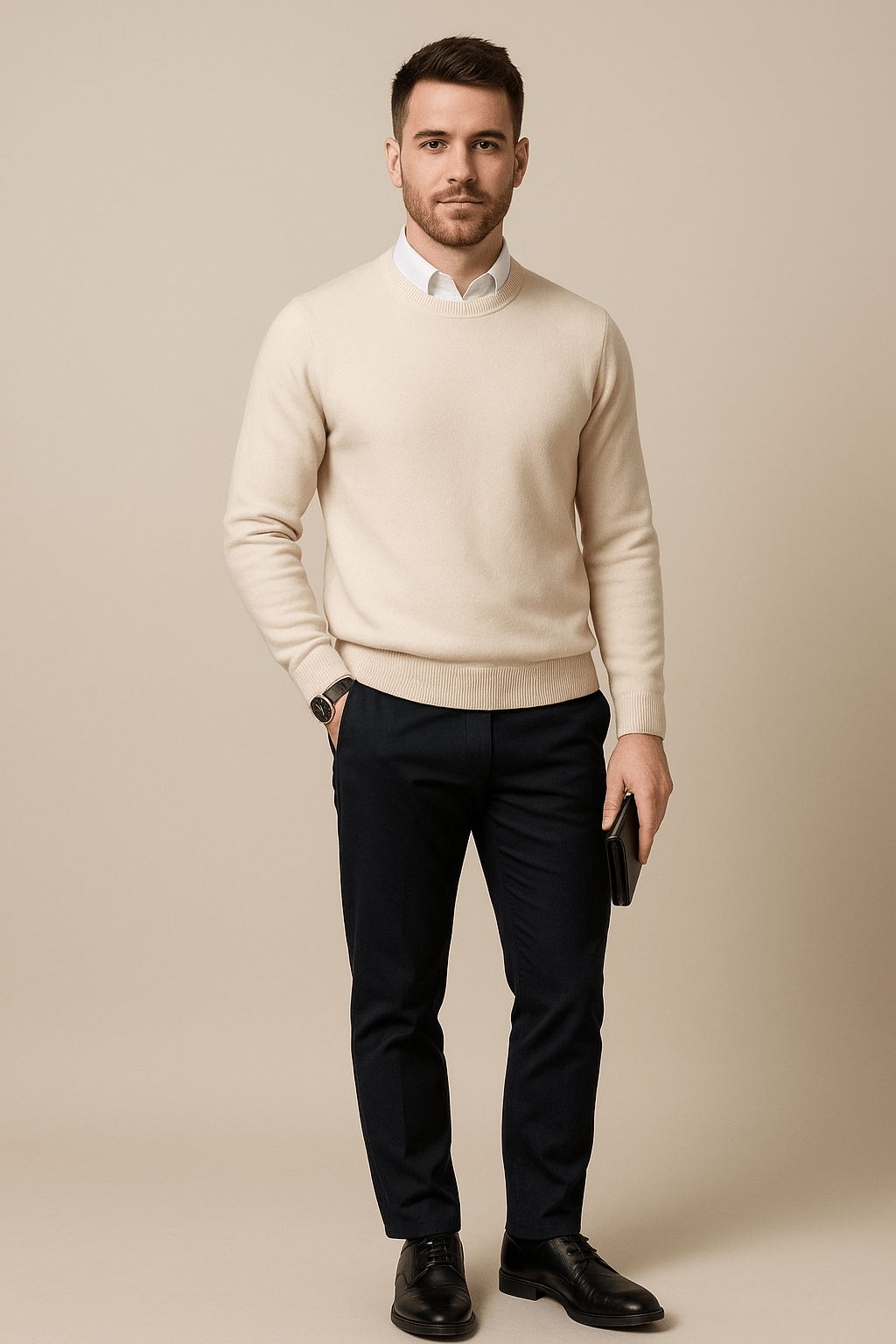 Men's Wool Blend Crew Neck Sweater with Ribbed Cuffs and Hem for Casual Wear Beige
