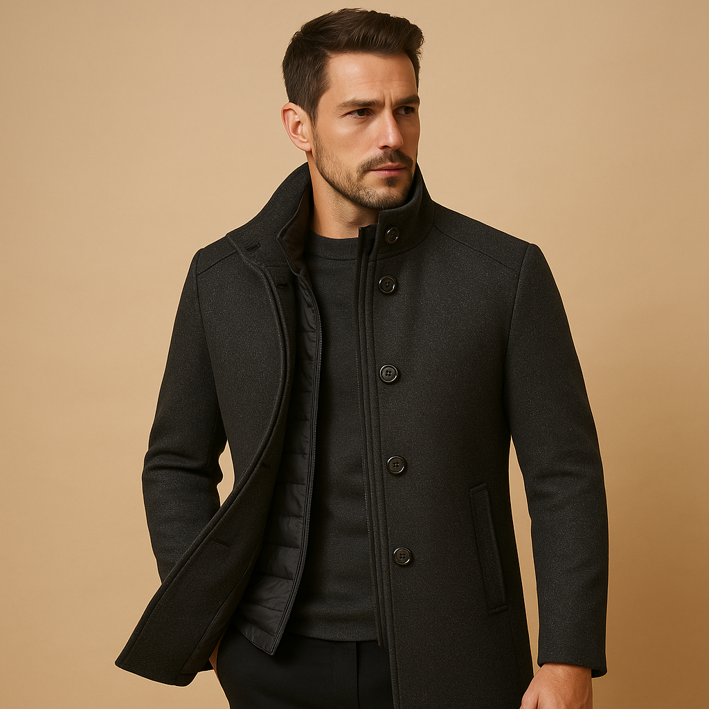 Men's Wool Overcoat with High Collar - Warm Formal Outerwear for Winter Events Grey