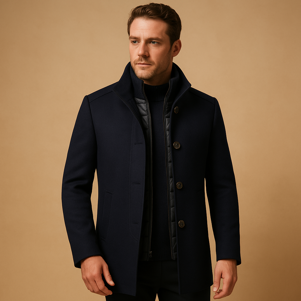 Men's Wool Overcoat with High Collar - Warm Formal Outerwear for Winter Events Navy Blue