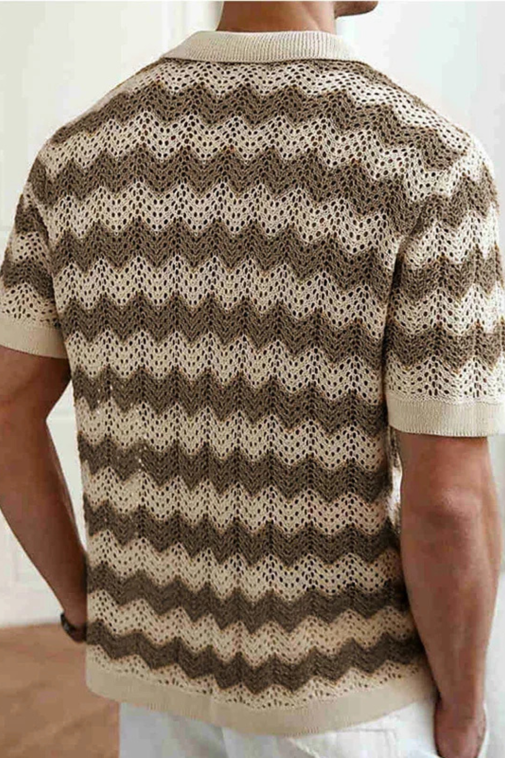 Men's Zigzag Crochet Knit Polo Shirt | Short Sleeve Button Front Design