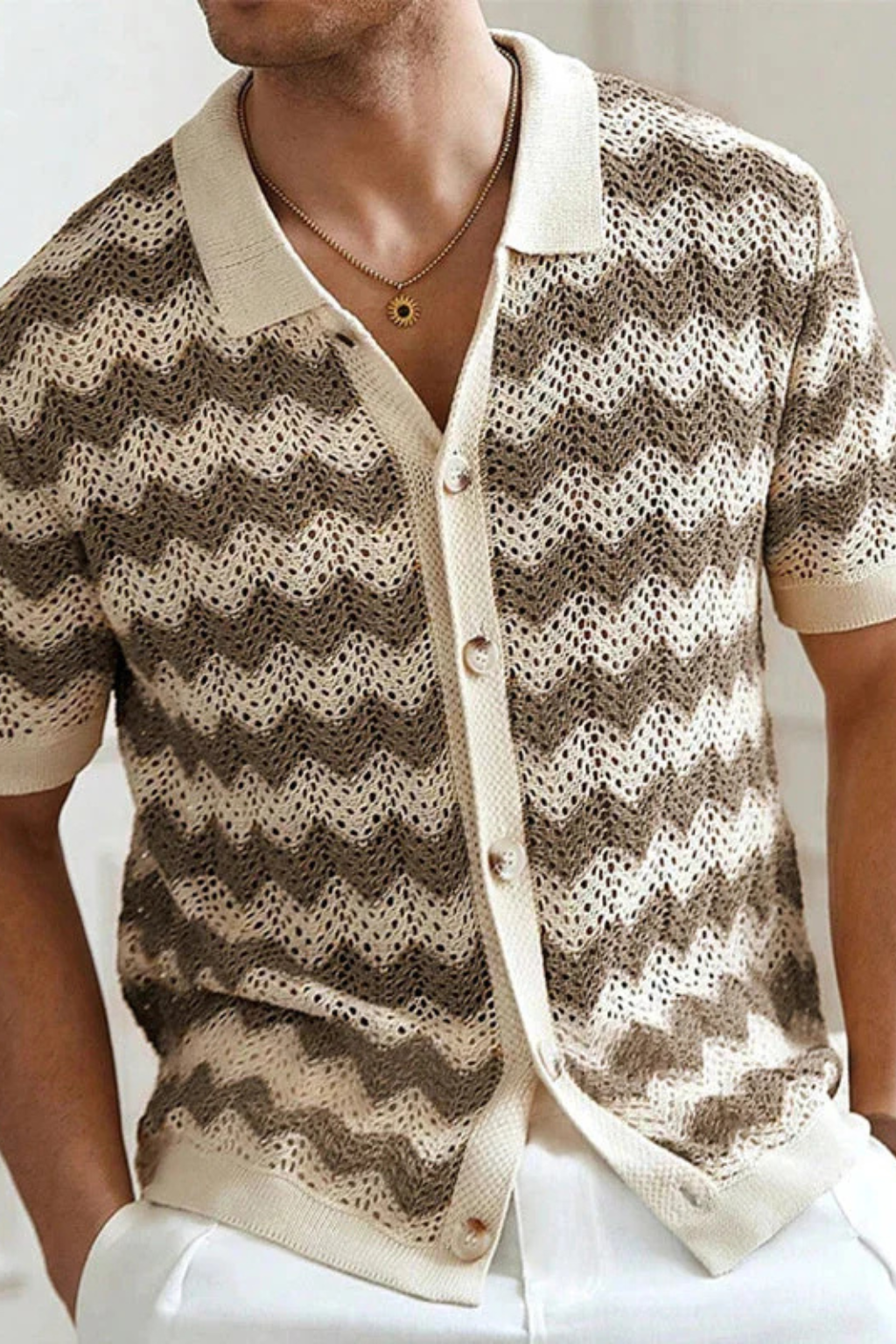 Men's Zigzag Crochet Knit Polo Shirt | Short Sleeve Button Front Design