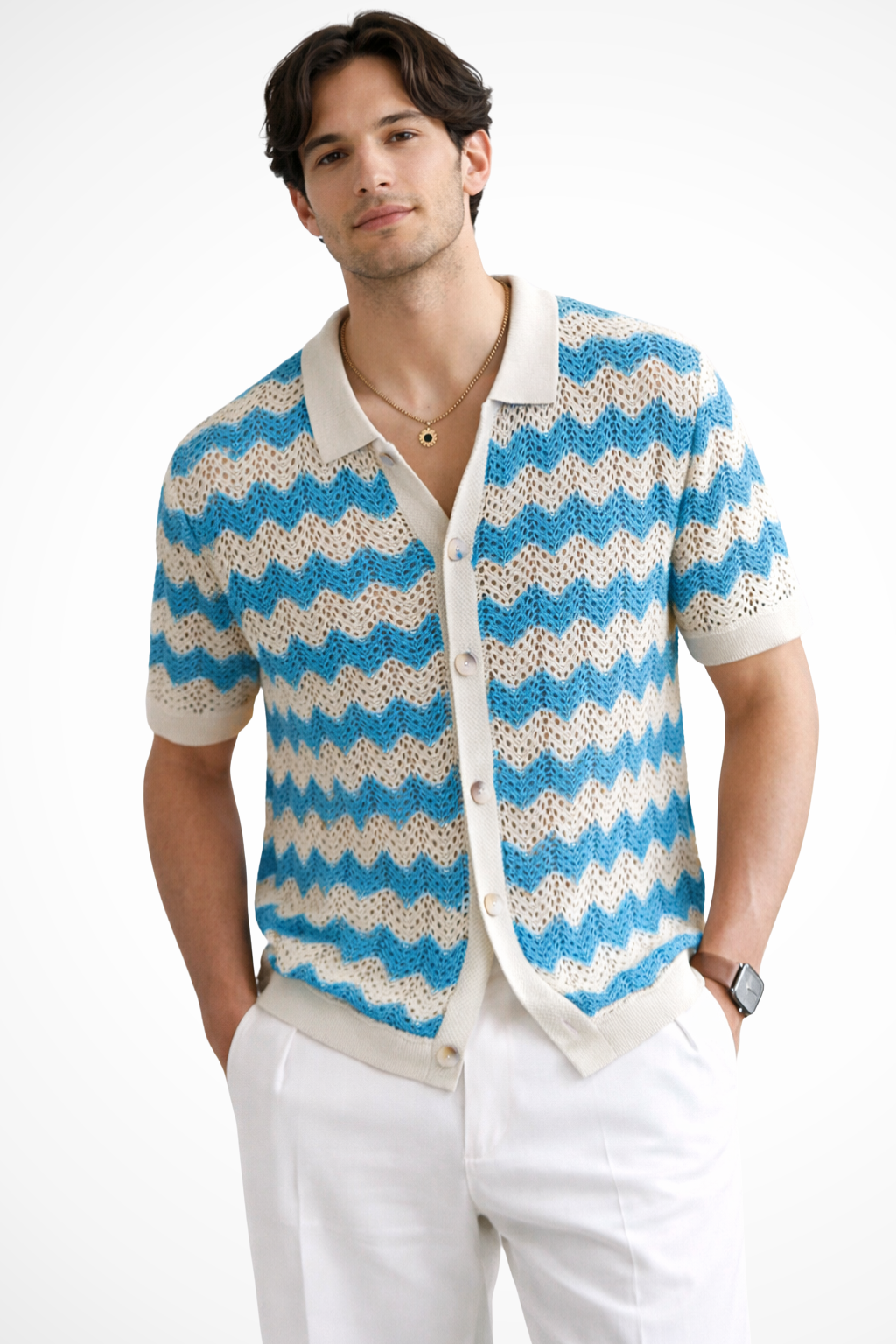 Men's Zigzag Crochet Knit Polo Shirt | Short Sleeve Button Front Design